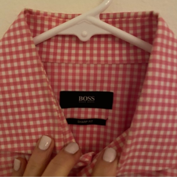 Boss (Hugo Boss) Men’s Dress Shirt Pink/White Check Sharp EUC - Picture 5 of 5